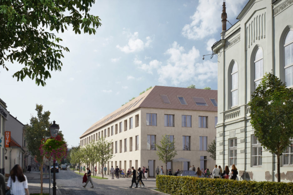 Navrhovaný bytový dom s polyfunkciou na súčasnom parkovisku pri OD Jednota. | Zdroj: Vizualizácia projektu, EIA