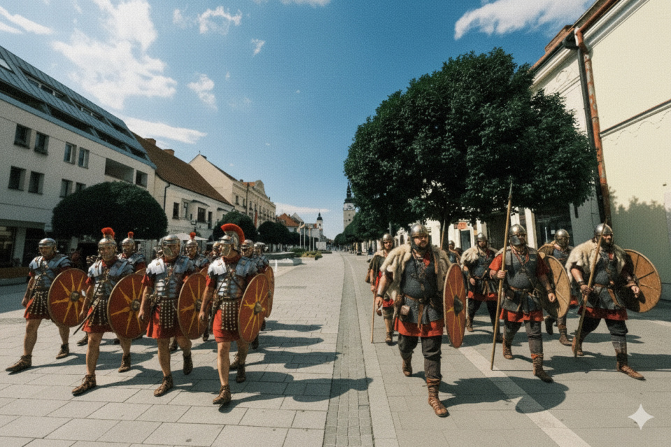 Rimania a Germáni v dobových kostýmoch pochodujúci centrom Trnavy. Fikcia generovaná AI. | Foto: red., úprava: Gemini
