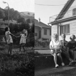 V bielych šatách je na fotkách pani Mária a v kvietkovaných ich sesternica. Pán Ľubomír je malé dieťa v pozadí | Prvá fotka: p. Štefan, druhá fotka: Maroš Vala (súčasnosť)