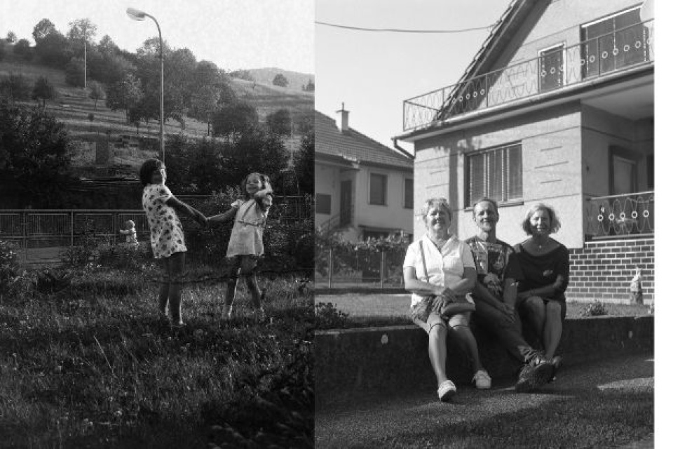 V bielych šatách je na fotkách pani Mária a v kvietkovaných ich sesternica. Pán Ľubomír je malé dieťa v pozadí | Prvá fotka: p. Štefan, druhá fotka: Maroš Vala (súčasnosť)