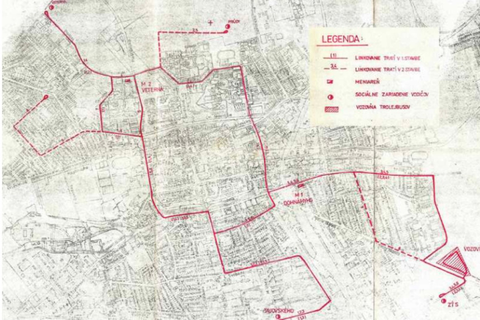 Smerové a linkové vedenie trolejbusov – výsledný variant. Zadanie stavby. Plná čiara – trasy trolejbusov v I. stavbe. Prerušovaná čiara – trasy trolejbusov v II. stavbe. | Zdroj: Archív Dopravoprojekt Bratislava (Ing. Ivan Kačo)
