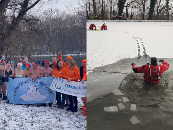 V čase celoslovenského zrazu zimných plavcov v Seredi nacvičovali v Jaslovských Bohuniciach záchranu korčuliarov po prelomení ľadu na jazere. | Foto: Ing. Mária Fačkovcová, Hasiči Jaslovské Bohunice