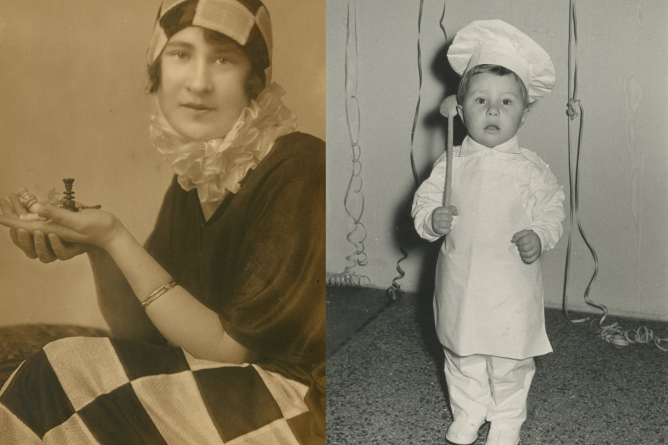 Dáma z Trnavy v karnevalovom odeve (30. roky 20. storočia) a malý kuchár z Trnavy (polovica 60. rokov 20. storočia) | Zdroj: súkromný archív T. Jamborovej