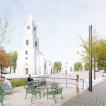 Víťaznému návrhu bol vyčítaný nedostatok zelene aj pamiatkovo nevhodné riešenie okolia kostola sv. Michala | Zdroj: mesto Hlohovec