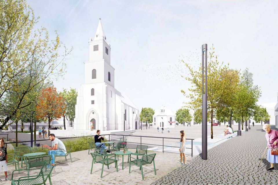 Víťaznému návrhu bol vyčítaný nedostatok zelene aj pamiatkovo nevhodné riešenie okolia kostola sv. Michala | Zdroj: mesto Hlohovec