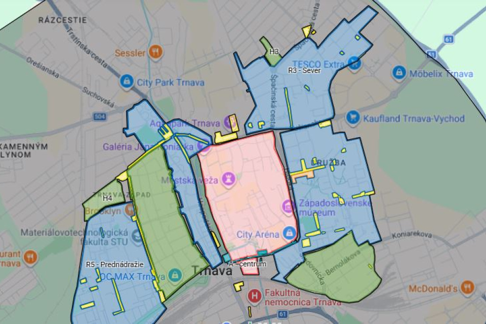 Mapa spoplatneného parkovania v Trnave | Zdroj: doprava.trnava.sk