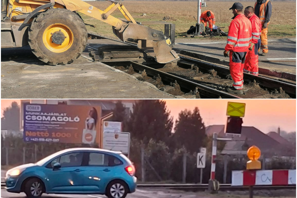 Práce si vyžiadala prasknutá koľajnica. Vodiči občas uzávierke neveria. | Foto: Soóky Marián - Nagymegyer polgármestere, Angelika Kováčová, Trnavsky Kraj Dopravny Servis - Nagyszombati Kerület Útinform