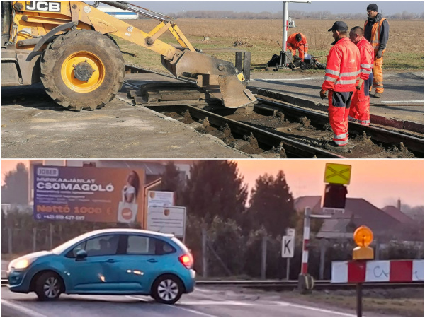 Práce si vyžiadala prasknutá koľajnica. Vodiči občas uzávierke neveria. | Foto: Soóky Marián - Nagymegyer polgármestere, Angelika Kováčová, Trnavsky Kraj Dopravny Servis - Nagyszombati Kerület Útinform