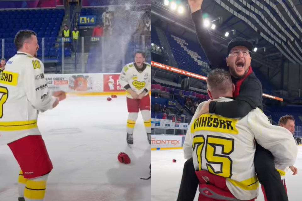 Po výhre lietali vzduchom hokejky, prilby a šampanské. | Foto: HK Dukla Senica