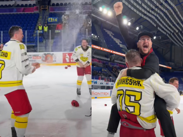 Po výhre lietali vzduchom hokejky, prilby a šampanské. | Foto: HK Dukla Senica