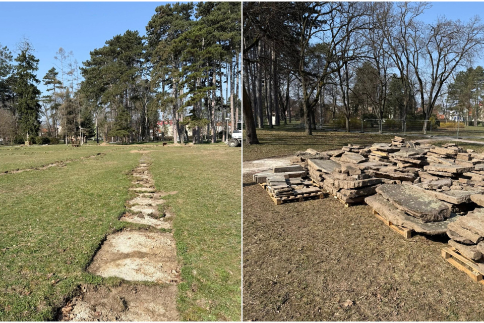 Kamenné nášľapné platne zhotoviteľ stavby vyzbieral a opätovne ich do priestoru zakomponuje | Zdroj: Piešťanský park