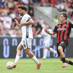 Hráč Trnavy Filip Trello a hráč Besiktasu Salih Ozcan počas priateľského zápasu  FC Spartak Trnava - Besiktas Istanbul | Zdroj: TASR/Lukáš Grinaj