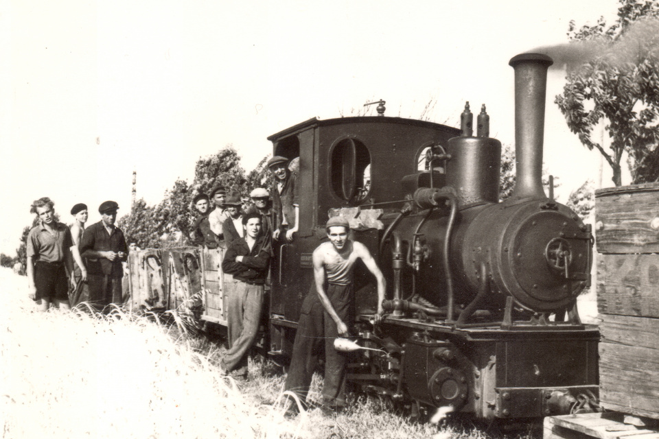 Vlak s brigádnikmi počas údržby trate Trnava – Biely Kostol v roku 1951. | Zdroj: Zbierka Helena Kvetanová