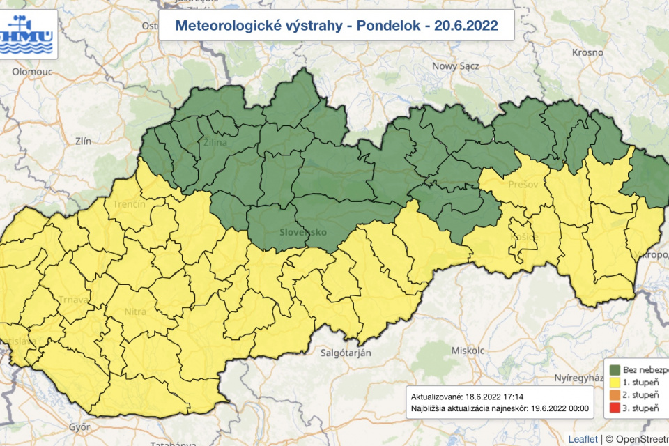 Pondelkové meteo-výstrahy. | Zdroj: SHMÚ