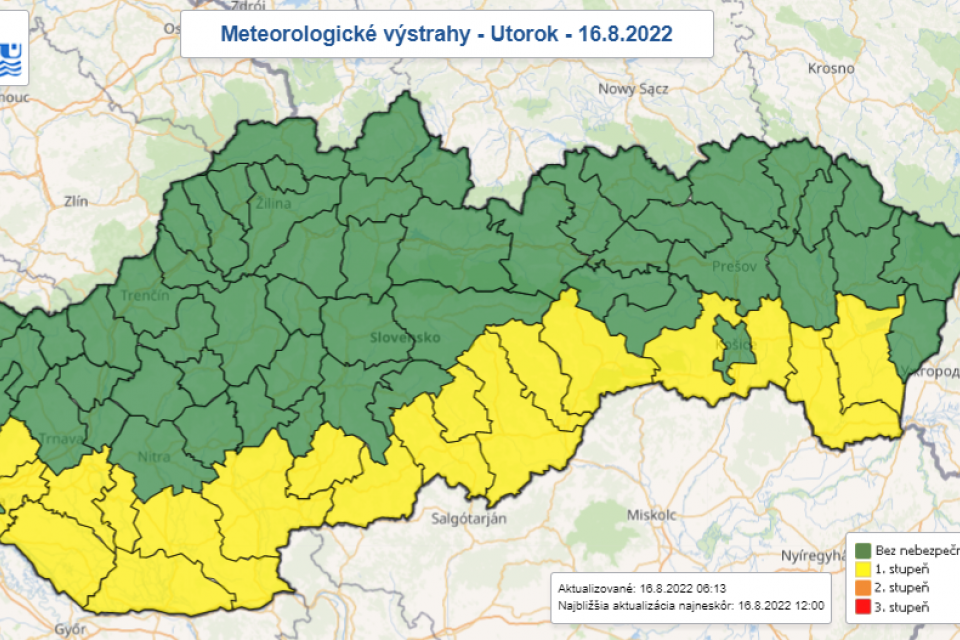 Meteorologické výstrahy 16.8. | Zdroj: SHMÚ