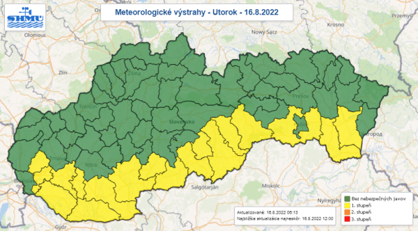 Meteorologické výstrahy 16.8. | Zdroj: SHMÚ