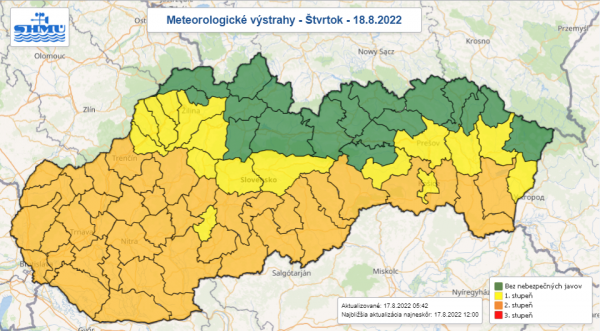 Meteorologické výstrahy 17.8. | Zdroj: SHMÚ