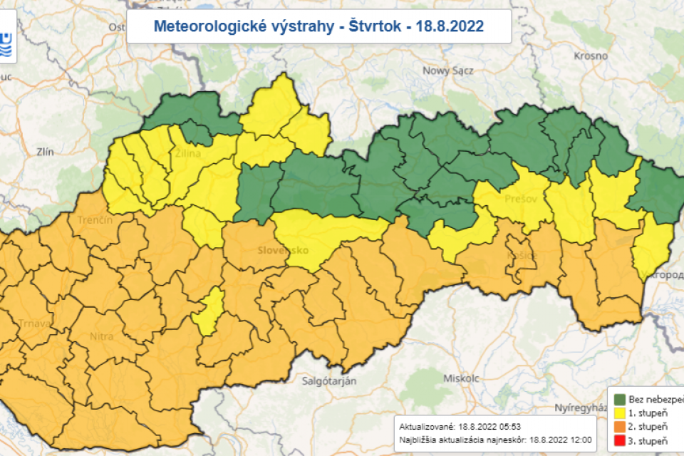 Meteorologické výstrahy 18.8. | Zdroj: SHMÚ