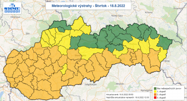 Meteorologické výstrahy 18.8. | Zdroj: SHMÚ