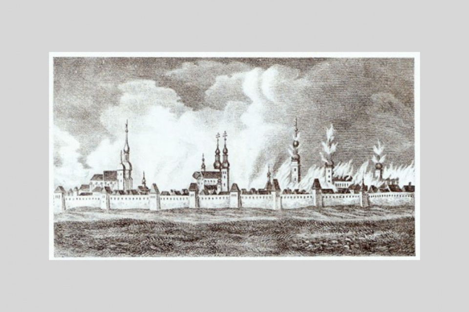 Požiar mesta Trnava v roku 1666. Nepodpísaná kameňotlač. | Zdroj: Príloha knihy Š. Ručku z r.1868