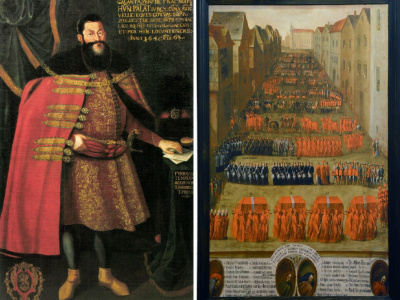 Podobizeň Mikuláša Esterházyho. Na druhom obrázku  pohrebný sprievod v roku 1652 v Trnave | Zdroj: Diana Duchoňová