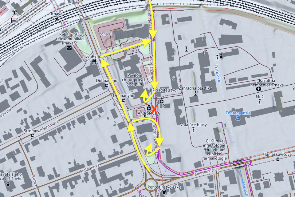 Červeným X je označený bod, kde je ulica neprejazdná. | Infografika: TTR