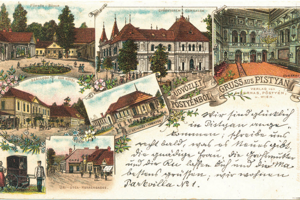 Litografická pohľadnica Kúpeľov Piešťany vydaná Karolom Schwidernochom vo Viedni, odoslaná v roku 1895 do Kromeríža. | Zdroj: Alexander Urminský