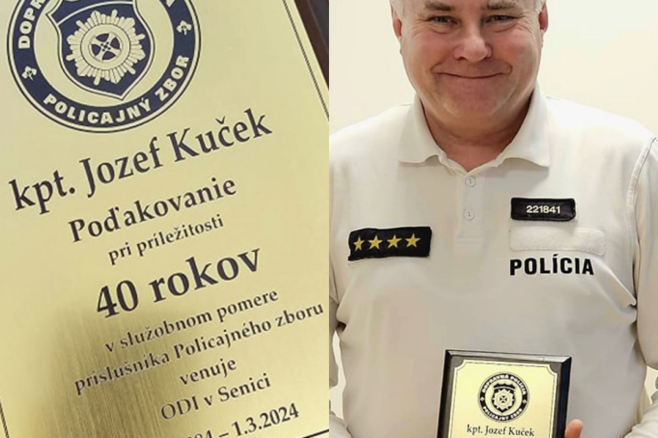 Policajný matador dostal od kolegov ďakovnú plaketu. | Foto: Polícia Trnavský kraj, fb