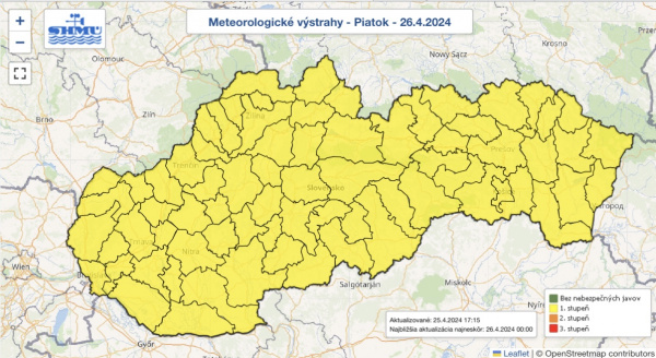 Výstraha SHMÚ platí pre celé Slovensko. | Zdroj: SHMÚ