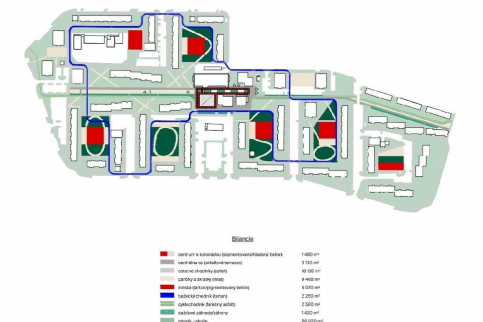 Tartanová bežecká dráha (modrou) povedie naprieč sídliskom. | Zdroj: Plural, Atelier Divo, trnava.sk