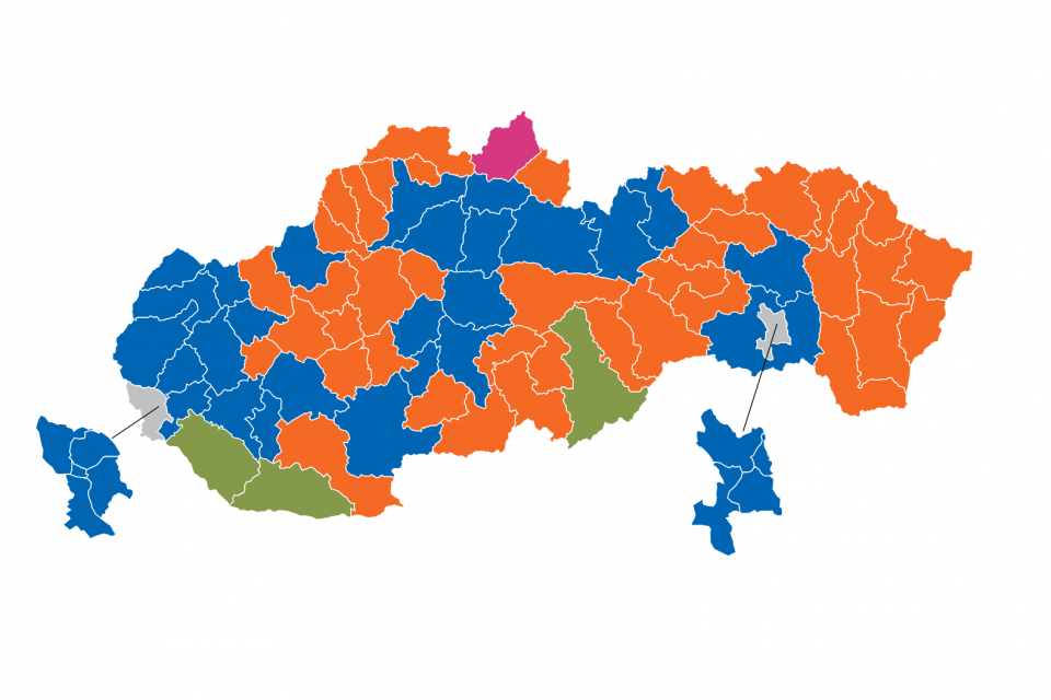 Takto sa hlasovalo na Slovensku. Legenda: modrá - PS, zelená - Aliancia, oranžová - Smer-SD, fialová - KDH | Zdroj: Voľby SR