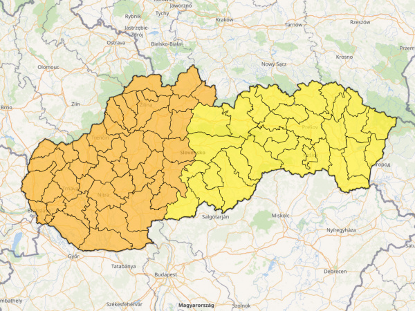 Výstrahy SHMÚ (mapa platná v čase 21.29 h). | Zdroj: SHMÚ