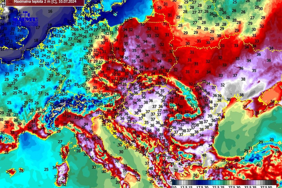 Teploty v Európe 10. júla 2024. | Zdroj: SHMÚ