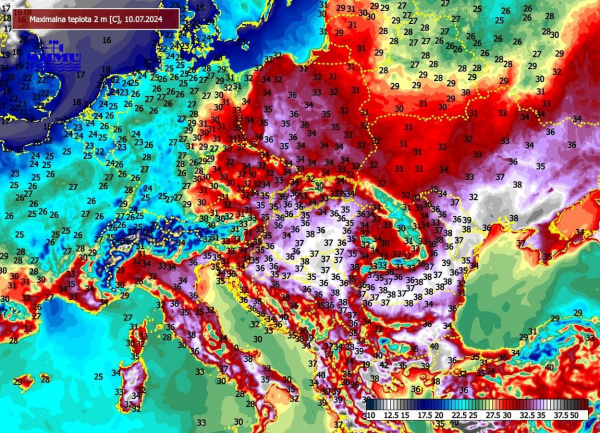 Teploty v Európe 10. júla 2024. | Zdroj: SHMÚ