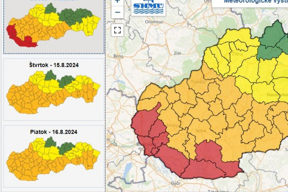 Mapa výstrah. Okres Dunajská Streda je v červenej farbe. Značí to najvyššiu výstrahu | Zdroj: SHMÚ