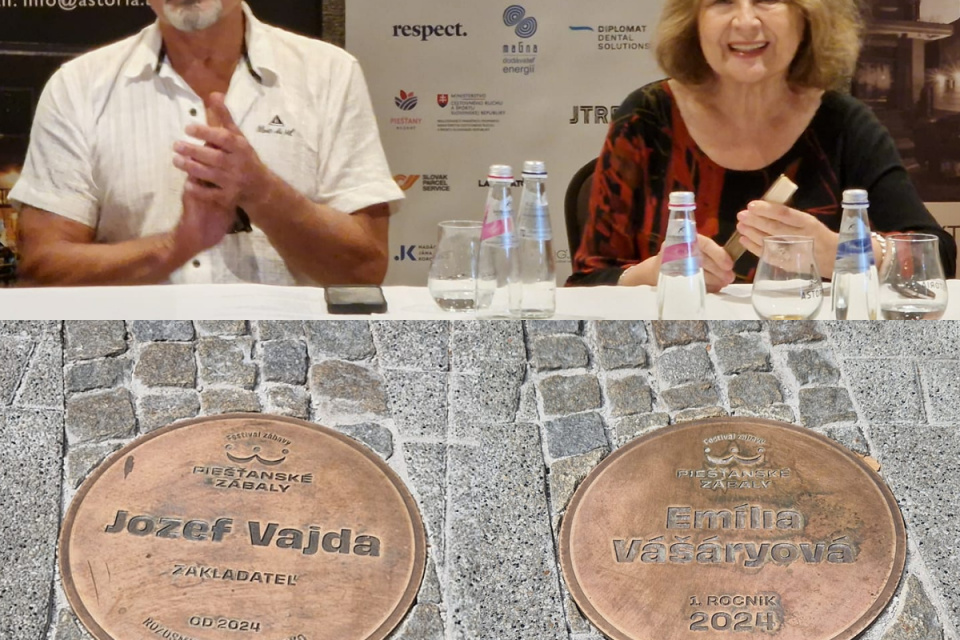 Piešťanské zábaly pripomenie na chodníku plaketa pre Jozefa Vajdu a Emíliu Vášáryovú. | Foto: Piešťany, fb