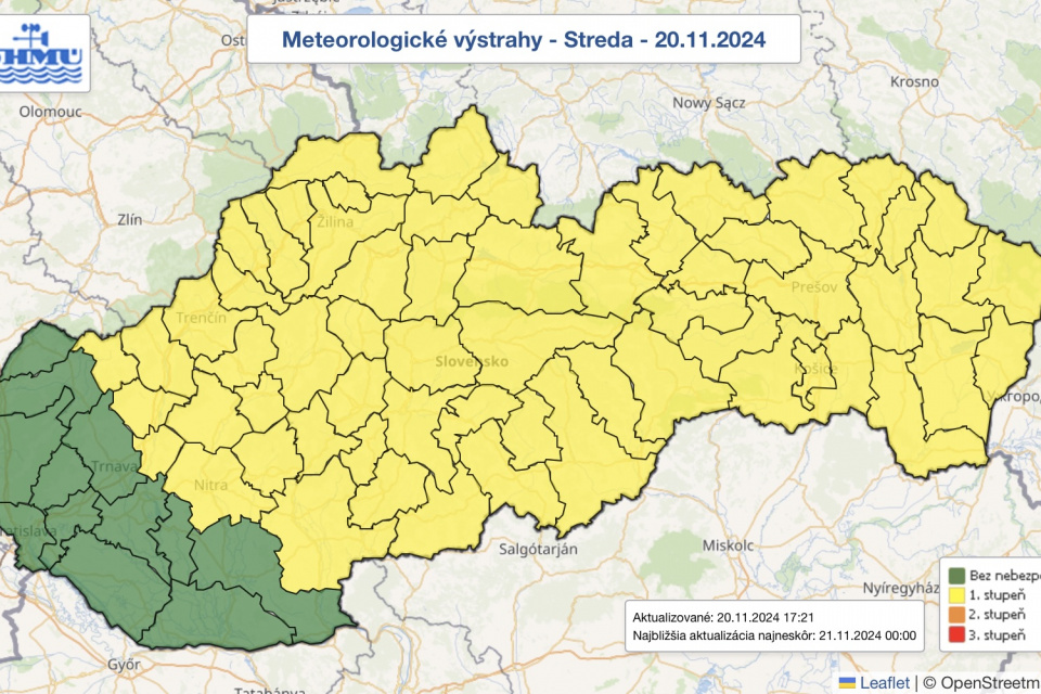 Meteo výstrahy 20. 11. 2024. | Zdroj: SHMÚ