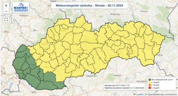 Meteo výstrahy 20. 11. 2024. | Zdroj: SHMÚ