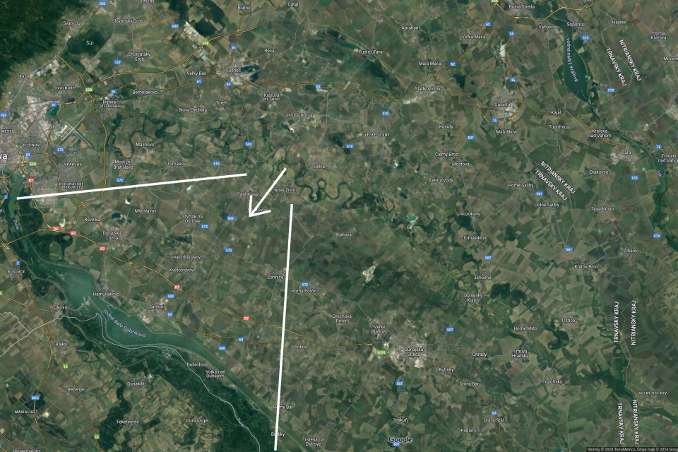 Uhol pohľadu vypustenej sondy, ktorá zaznamenala okrem iného Gabčíkovo I Zdroj: Google maps