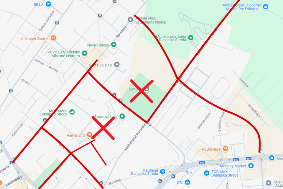 Uzávierky v Dunajskej Strede. | Foto: Maps Google In Dunajská Streda